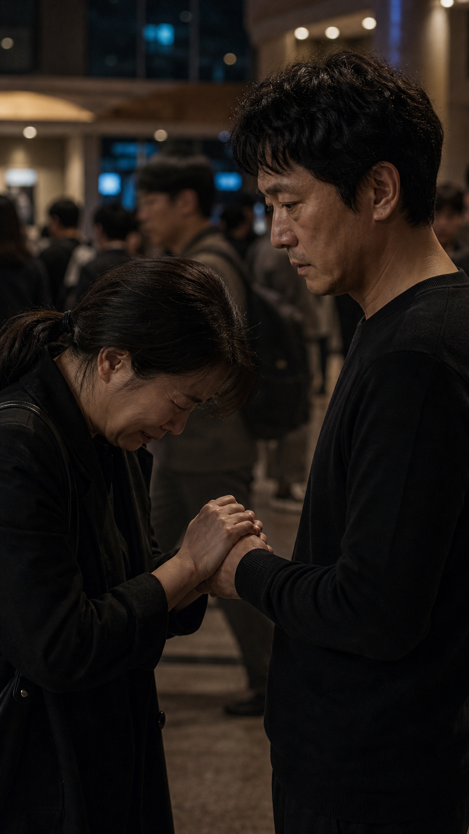 로비에서 유족이 성우의 손을 잡고 운다